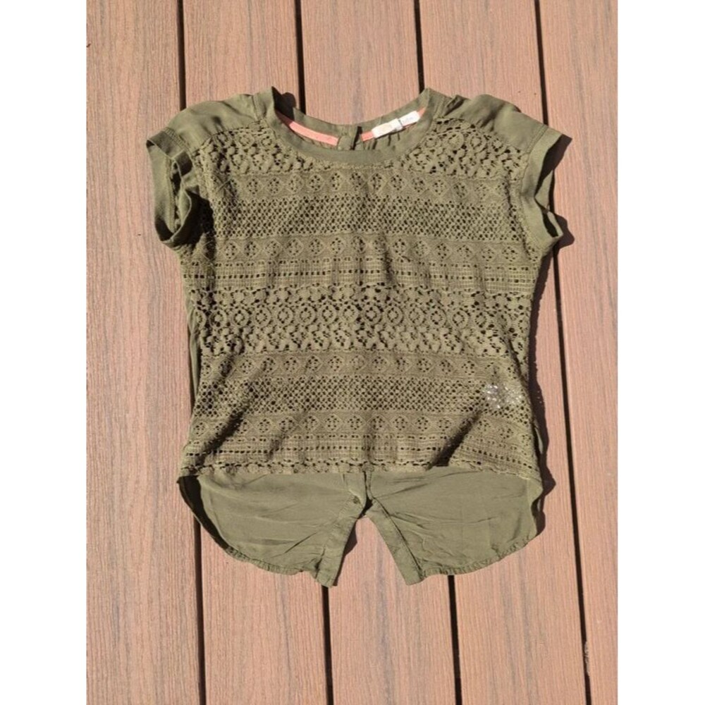 Boho Lace Front Crochet Cap Sleeve Top in Green Size XS
